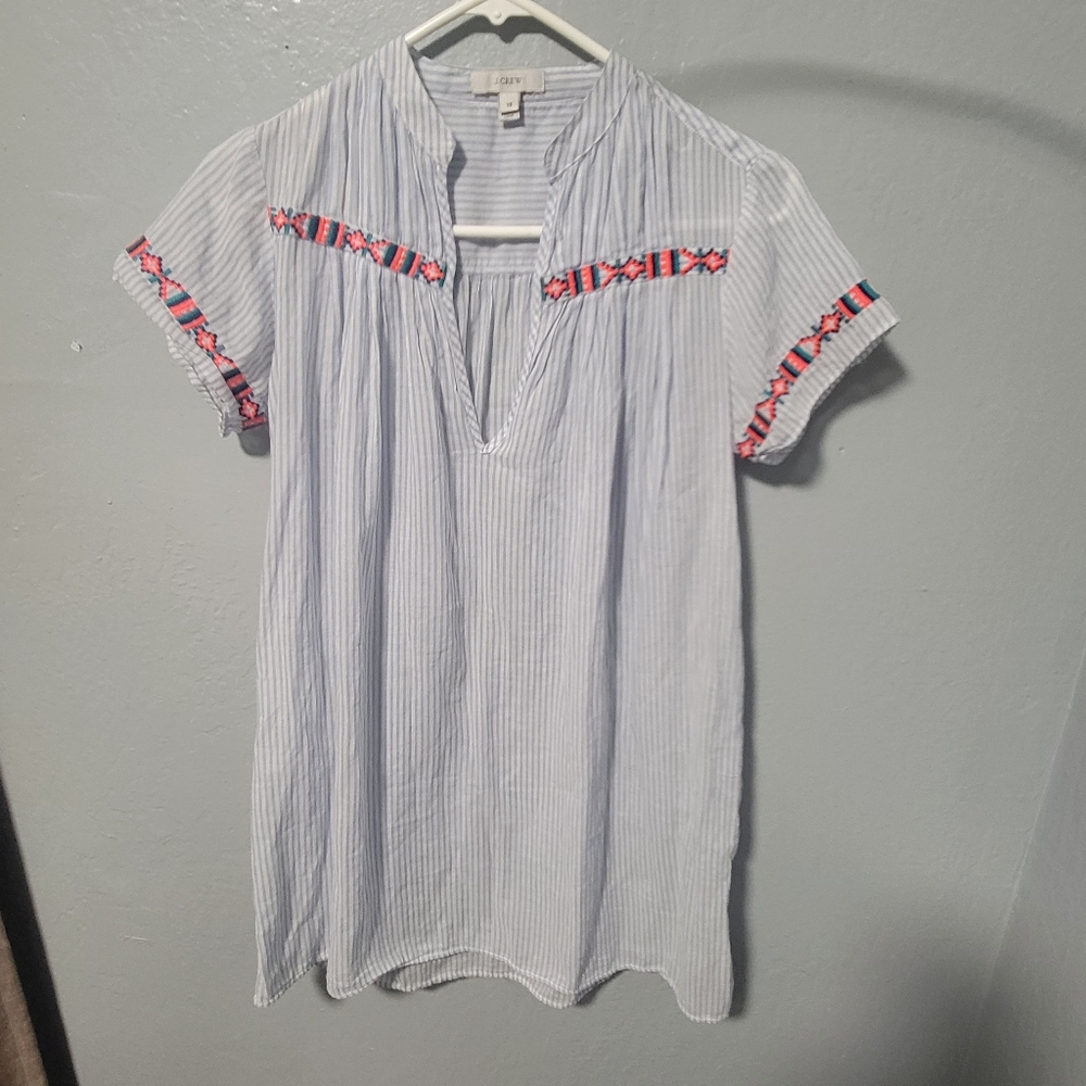 J.CREW #XS Women's Blue Striped Top with Red Accents